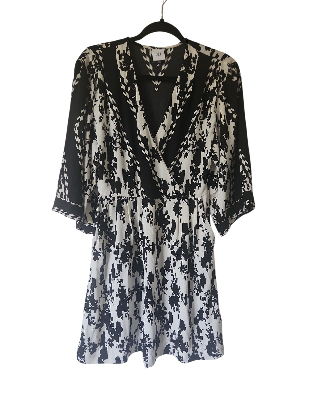 Cabi X-Factor Black & White Kimono Sleeve Floral Wrap Style Dress Size S